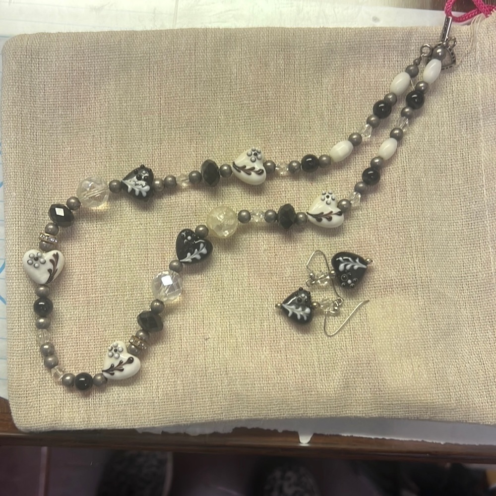 Hand strung beaded necklace and earrings